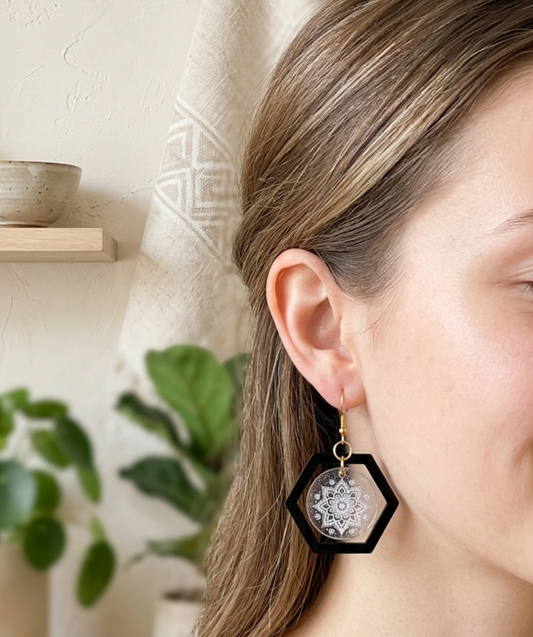 Modelo utilizanfo aretes cortsdos en laser en avrilico negro y grabado en acrilico cristal