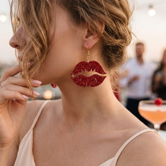 Modelo ytilizando aretes cortados con laser de acrilico rojo glitter