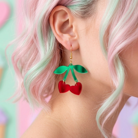 Modelo usando aretes de corte laser en acrilico espejo rojo y verde en forma de cereza