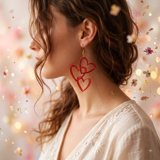 Modelo utilizando aretes cortados a laser de corazones entrelazados