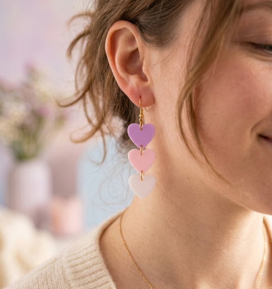 Modelo utilizando aretes de acrilico cortados a laser de corazones en color pastel