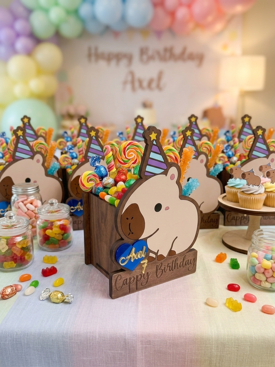 Cajas dulceras personalizadas con figura de capibara, gorro de fiesta y grabado Cappy Birthday. Hechas a mano en madera MDF con nombre en acrílico para centros de mesa o recuerdos reutilizables de cumpleaños.