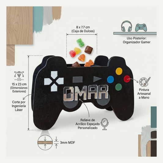 Especificaciones técnicas de producto. Cajas dulceras personalizadas con forma de control de videojuegos hechas en madera MDF calada a láser y pintadas a mano. Ideal para fiestas temáticas de gamers, centros de mesa y lapiceros de escritorio de niños.