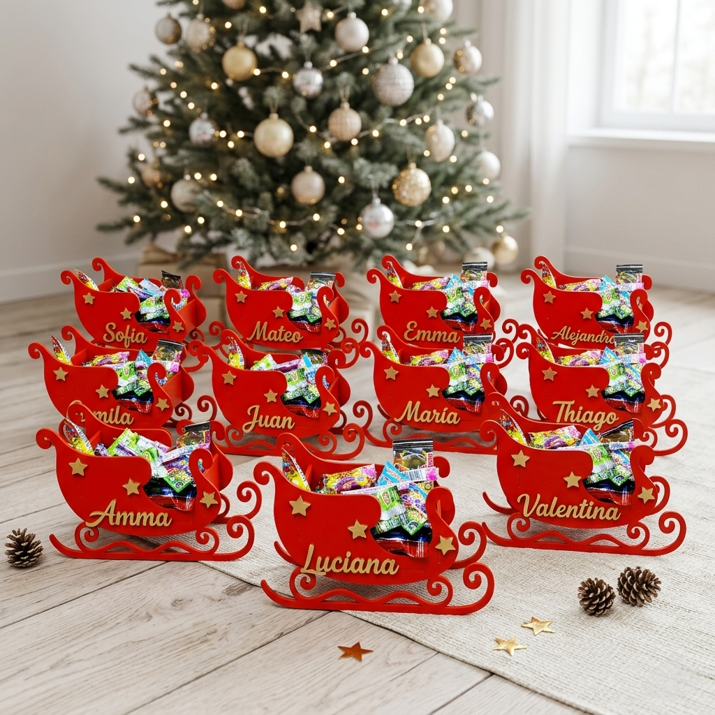 Dulceros con diseño de trineo navideño en madera MDF pintados y armados a mano. Cajas personalizadas para aguinaldos, decoración bajo el árbol de Navidad, centros de mesa festivos y organizador. Cajas puestas abajo de un arbol navideño