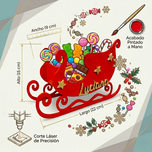 Especificaciones Técnicas de Dulceros con diseño de trineo navideño en madera MDF pintados y armados a mano. Cajas personalizadas para aguinaldos, decoración bajo el árbol de Navidad, centros de mesa festivos y organizador.