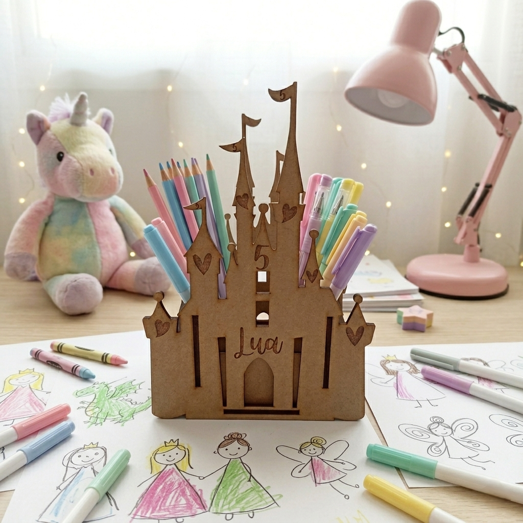 Ejemplo de producto como organizador de Escritorio con plumones y plumas. Castillos dulceros de madera MDF estilo Disney personalizables con nombre grabado y edad. Kit para armar y pintar en casa, perfecto como centro de mesa para fiestas infantiles o recuerdo de cumpleaños.