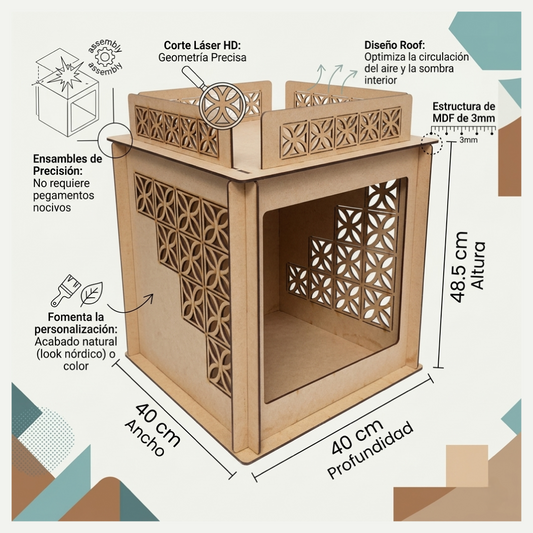 Una fotografía de estudio de alta gama del Cat Condo de MDF, un refugio para gatos con un intrincado diseño geométrico de celosía cortado con láser.