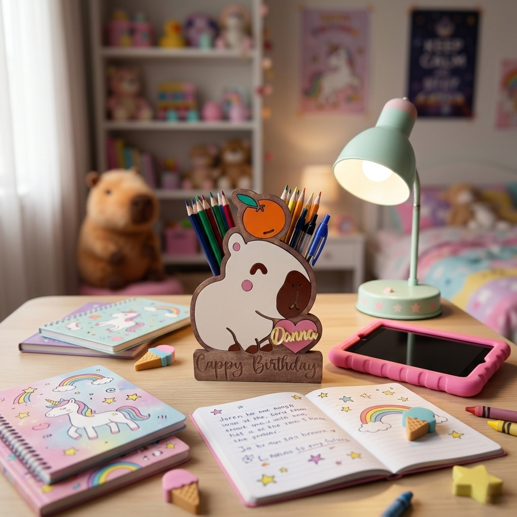Cajas dulceras personalizadas con forma de capibara y una naranja en la cabeza hechas de madera MDF cortada a láser. Ideal como recuerdos de cumpleaños, centros de mesa infantiles y organizador de escritorio reutilizable.