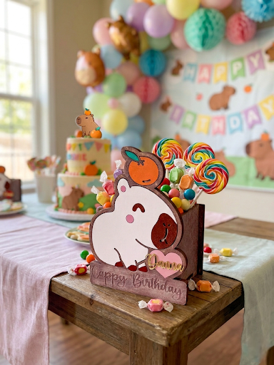 Producto en una mesa con un pastel al fondo. Cajas dulceras personalizadas con forma de capibara y una naranja en la cabeza hechas de madera MDF cortada a láser. Ideal como recuerdos de cumpleaños, centros de mesa infantiles y organizador de escritorio reutilizable.
