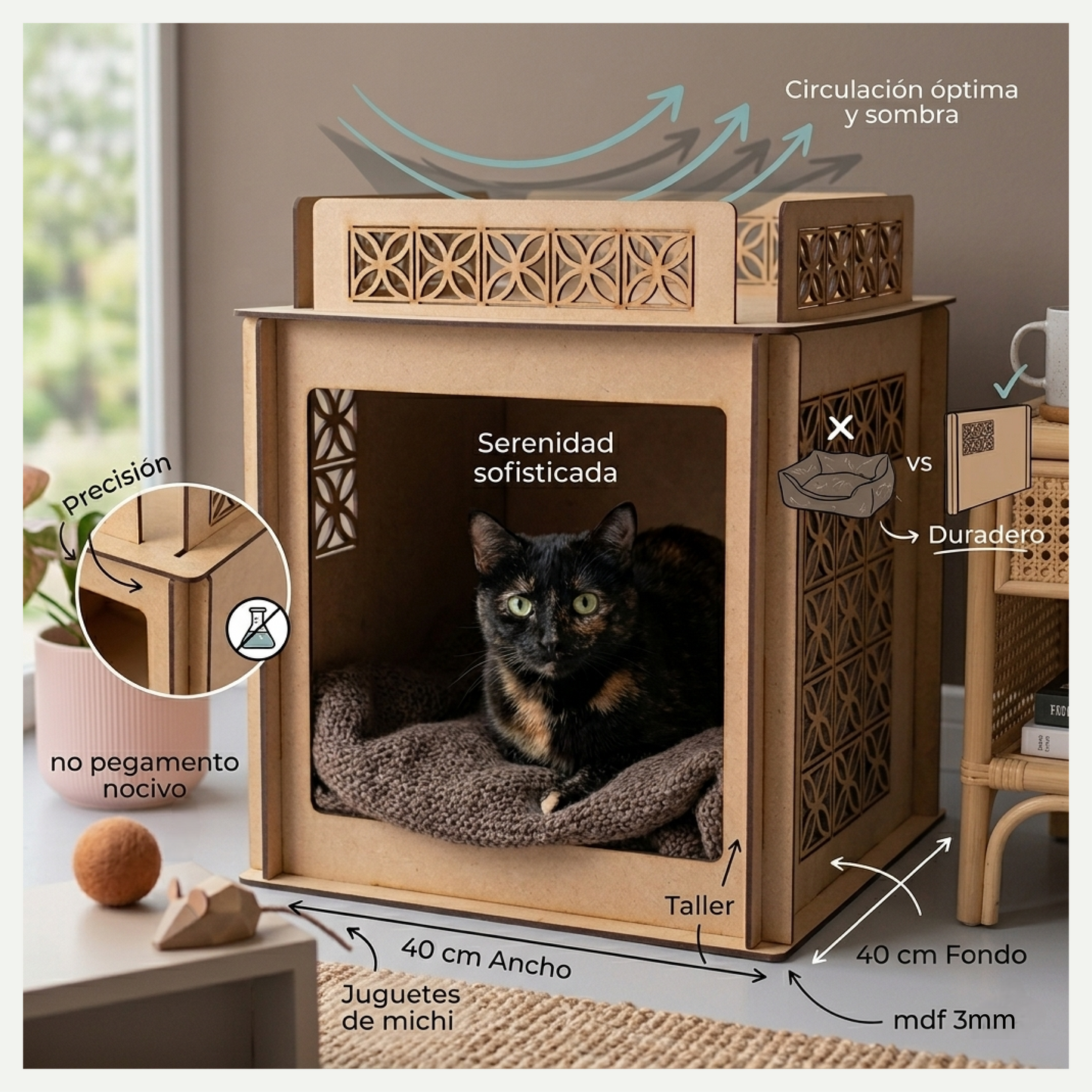 Una fotografía de estudio de lifestyle premium de un Cat Condo de MDF natural, con un gato carey de ojos verdes mirando cómodamente desde el interior.