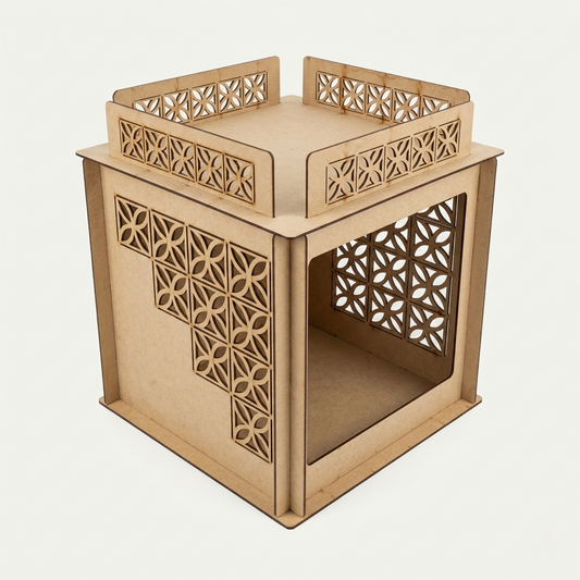 Fotografía de estudio de alta resolución del Cat Condo de MDF cortado con láser, con intrincado patrón geométrico y techo elevado