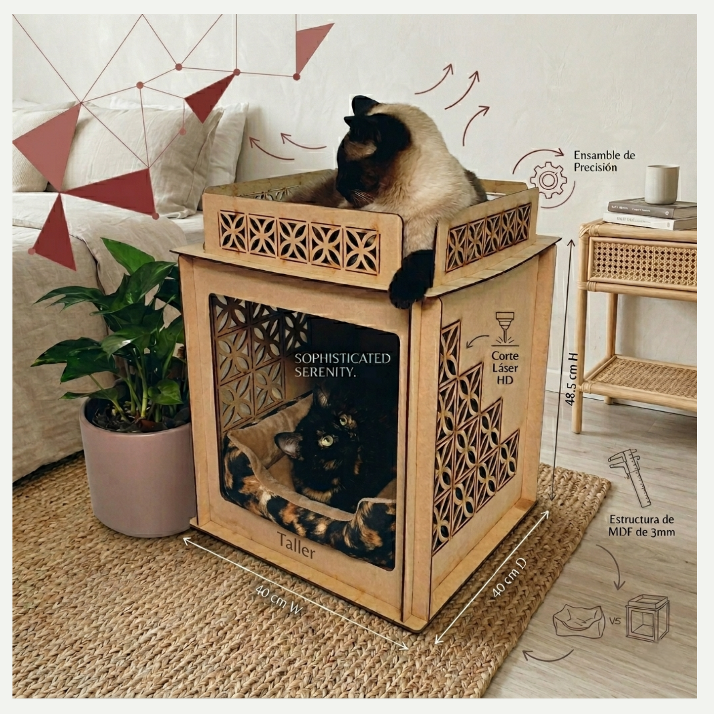 Una fotografía de estudio de estilo de vida premium del Cat Condo de madera cortado con láser, situado en una recámara bohemia minimalista