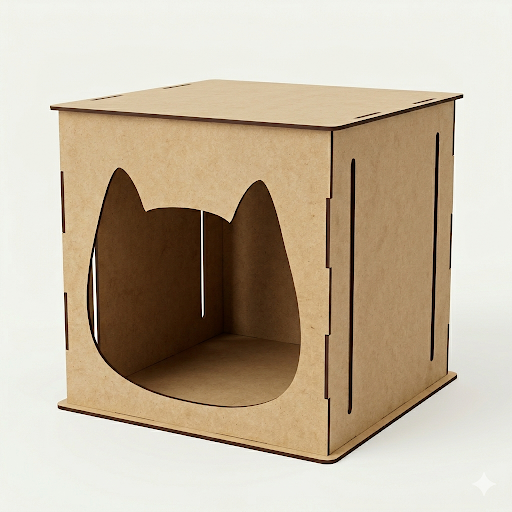 Módulo rascador y refugio para gatos fabricado en MDF de 3mm con corte láser de precisión y diseño snap-fit sin pegamentos. Incluye ranuras laterales para cuerda y grabado personalizado de nombre