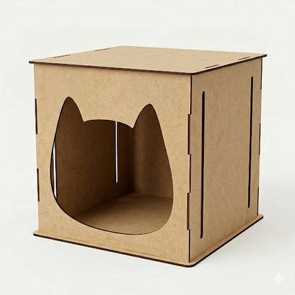 Módulo rascador y refugio para gatos fabricado en MDF de 3mm con corte láser de precisión y diseño snap-fit sin pegamentos. Incluye ranuras laterales para cuerda y grabado personalizado de nombre