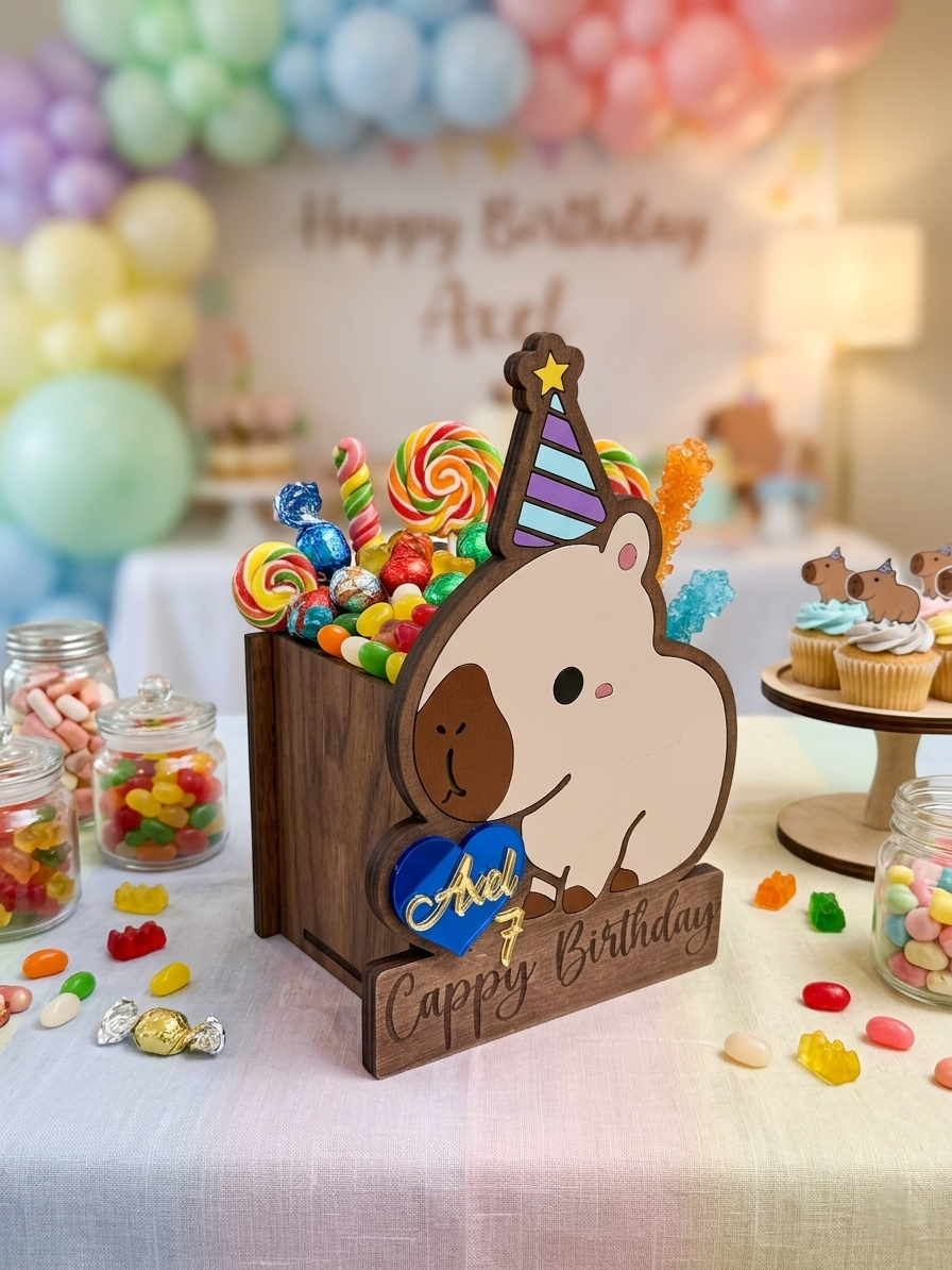 Ejemplo cumpleaños. Cajas dulceras personalizadas con figura de capibara, gorro de fiesta y grabado Cappy Birthday. Hechas a mano en madera MDF con nombre en acrílico para centros de mesa o recuerdos reutilizables de cumpleaños. 
