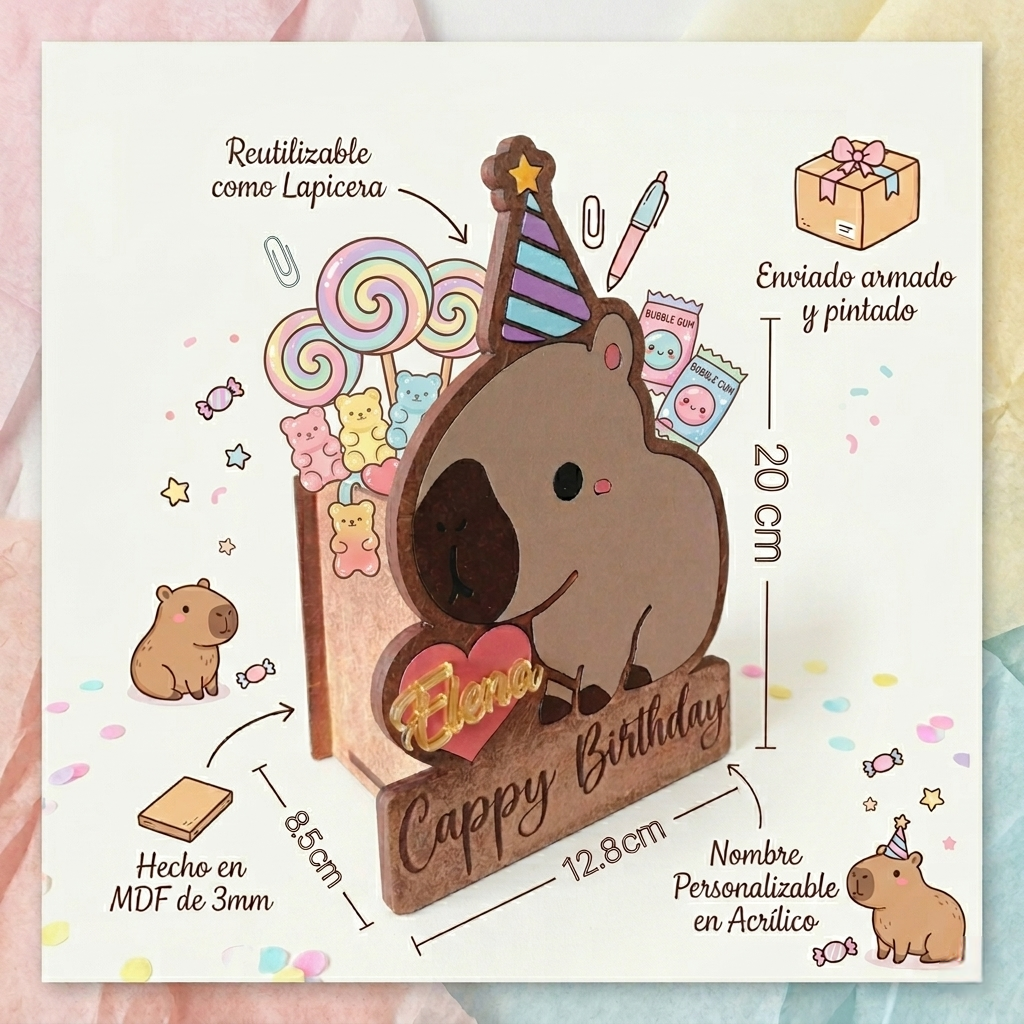 Especificaciones tecnicas de Cajas dulceras personalizadas con figura de capibara, gorro de fiesta y grabado Cappy Birthday. Hechas a mano en madera MDF con nombre en acrílico para centros de mesa o recuerdos reutilizables de cumpleaños.