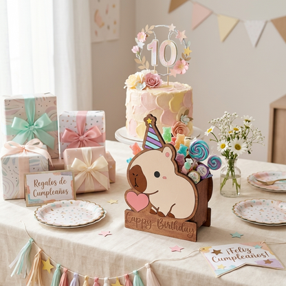 Ejemplo de producto. Cajas dulceras personalizadas con figura de capibara, gorro de fiesta y grabado Cappy Birthday. Hechas a mano en madera MDF con nombre en acrílico para centros de mesa o recuerdos reutilizables de cumpleaños.