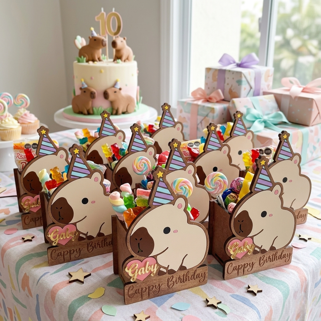 Ejemplo en una mesa de ducles de Cajas dulceras personalizadas con figura de capibara, gorro de fiesta y grabado Cappy Birthday. Hechas a mano en madera MDF con nombre en acrílico para centros de mesa o recuerdos reutilizables de cumpleaños.