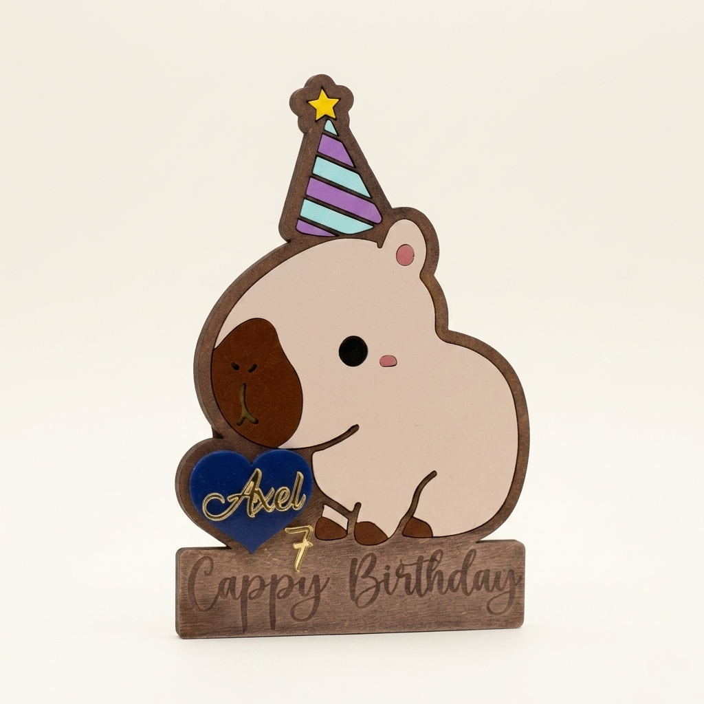 Cajas dulceras personalizadas con figura de capibara, gorro de fiesta y grabado Cappy Birthday. Hechas a mano en madera MDF con nombre en acrílico para centros de mesa o recuerdos reutilizables de cumpleaños.