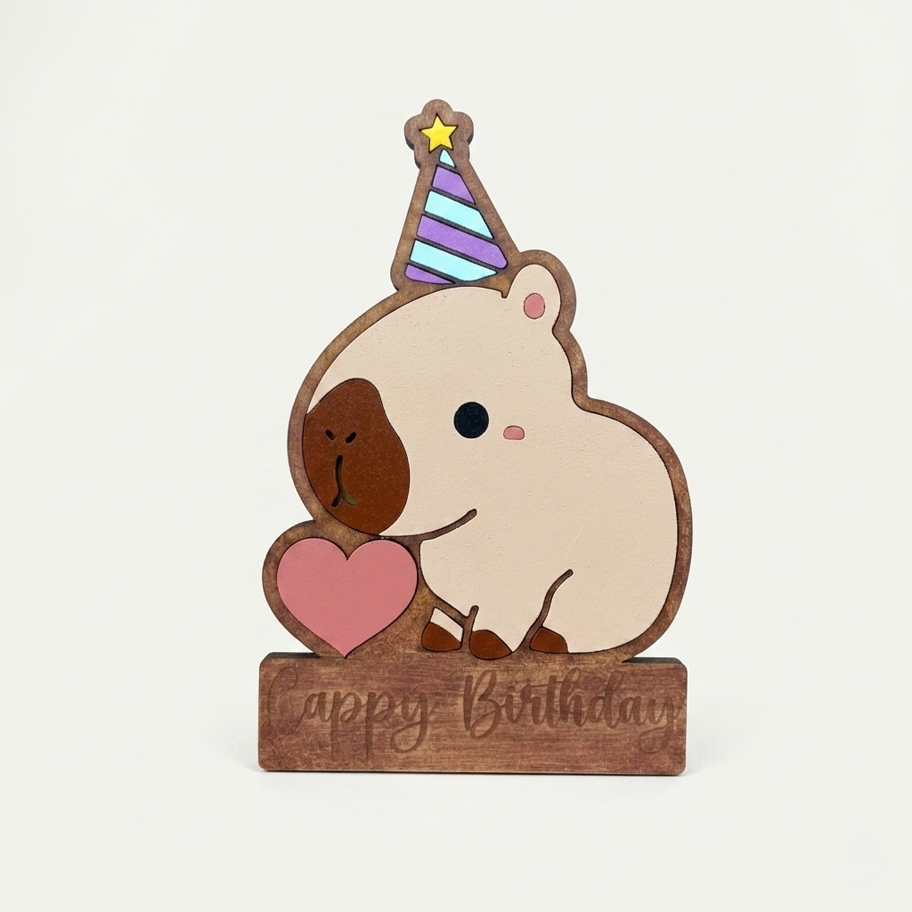 ajas dulceras personalizadas con figura de capibara, gorro de fiesta y grabado Cappy Birthday. Hechas a mano en madera MDF con nombre en acrílico para centros de mesa o recuerdos reutilizables de cumpleaños.