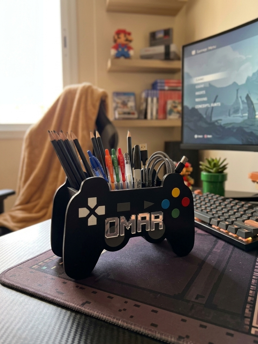 Ejemplo de producto como organizador  de lapices, plumas y cables sobre un escritorio. Cajas dulceras personalizadas con forma de control de videojuegos hechas en madera MDF calada a láser y pintadas a mano. Ideal para fiestas temáticas de gamers, centros de mesa y lapiceros de escritorio de niños.n un escritorio