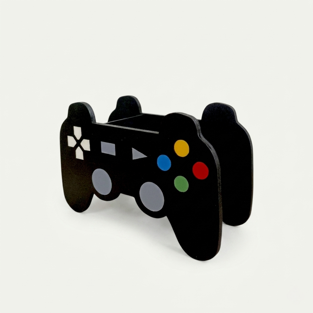 Cajas dulceras personalizadas con forma de control de videojuegos hechas en madera MDF calada a láser y pintadas a mano. Ideal para fiestas temáticas de gamers, centros de mesa y lapiceros de escritorio de niños.