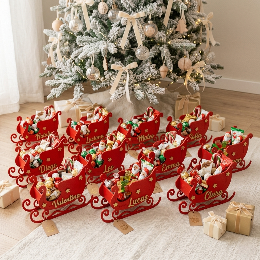Ejemplo de trineos abajo del  arbol. Dulceros con diseño de trineo navideño en madera MDF pintados y armados a mano. Cajas personalizadas para aguinaldos, decoración bajo el árbol de Navidad, centros de mesa festivos y organizador.