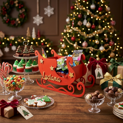 Dulceros con diseño de trineo navideño en madera MDF pintados y armados a mano. En una fiesta navideña sobre una mesa de dulces.  Cajas personalizadas para aguinaldos, decoración bajo el árbol de Navidad, centros de mesa festivos y organizador.