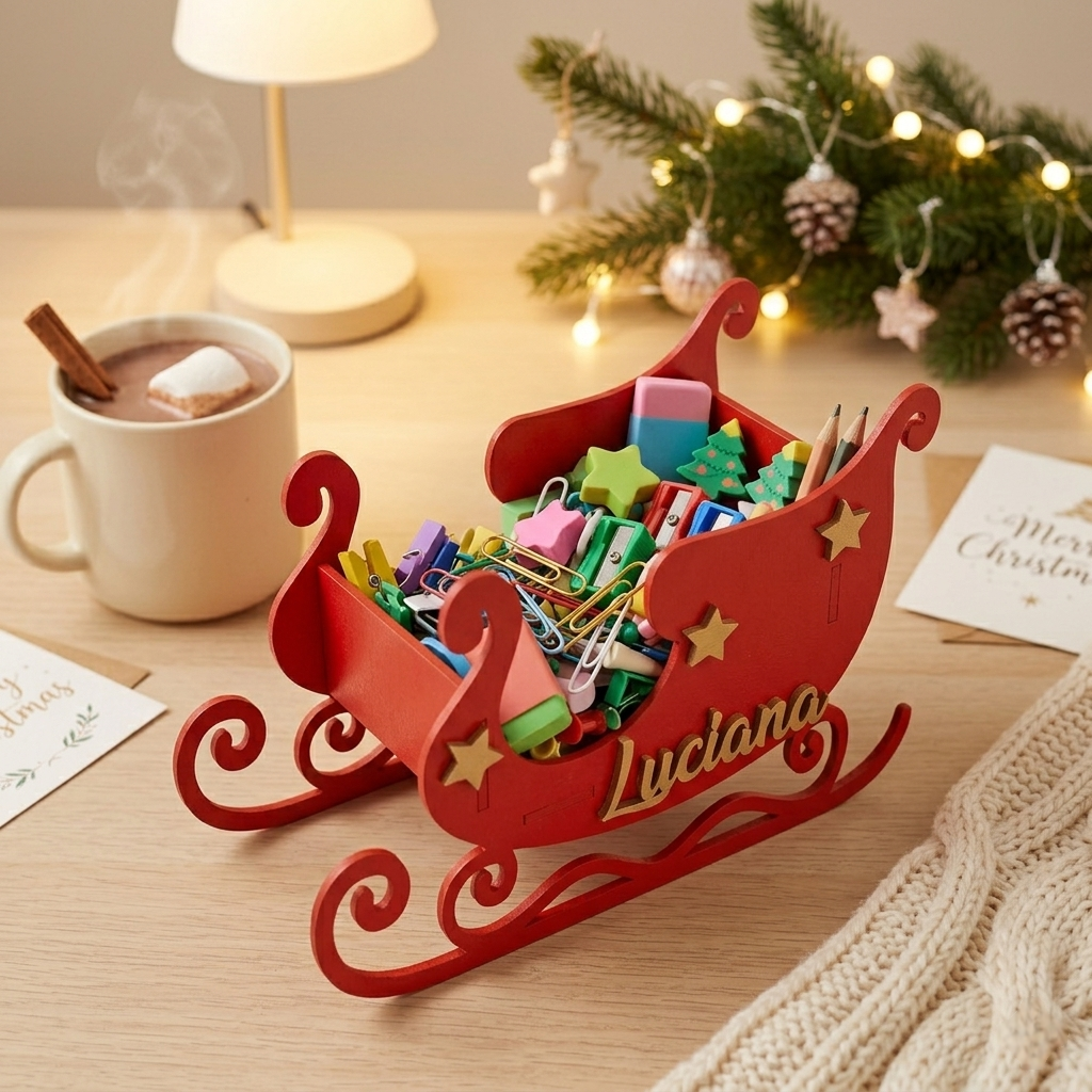 Ejemplo en un esritorio usado como organizador. Dulceros con diseño de trineo navideño en madera MDF pintados y armados a mano. Cajas personalizadas para aguinaldos, decoración bajo el árbol de Navidad, centros de mesa festivos y organizador.