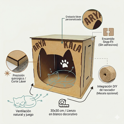 Módulo rascador y refugio para gatos fabricado en MDF de 3mm con corte láser de precisión y diseño snap-fit sin pegamentos. Incluye ranuras laterales para cuerda y grabado personalizado de nombre