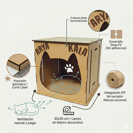 Módulo rascador y refugio para gatos fabricado en MDF de 3mm con corte láser de precisión y diseño snap-fit sin pegamentos. Incluye ranuras laterales para cuerda y grabado personalizado de nombre