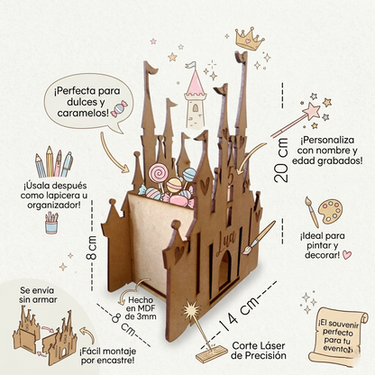 Especificaciones técnicas de Castillos dulceros de madera MDF estilo Disney personalizables con nombre grabado y edad. Kit para armar y pintar en casa, perfecto como centro de mesa para fiestas infantiles o recuerdo de cumpleaños original.