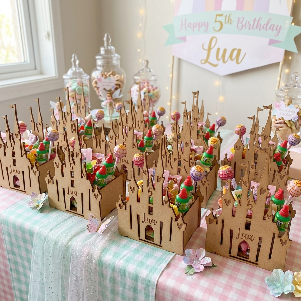 Ejemplo de 10 castillos llenos de dulces en una mesa de cumpleaños. Castillos dulceros de madera MDF estilo Disney personalizables con nombre grabado y edad. Kit para armar y pintar en casa, perfecto como centro de mesa para fiestas infantiles o recuerdo de cumpleaños original.