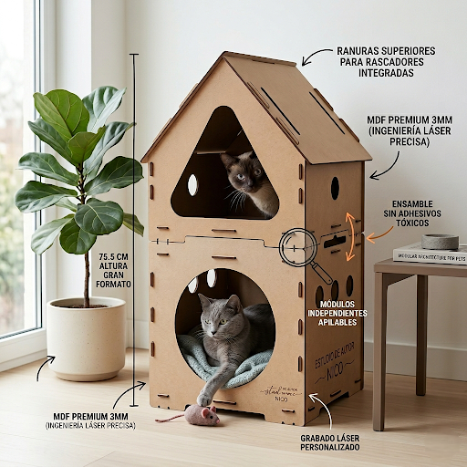 Refugio vertical para gatos de dos niveles fabricado en MDF premium con diseño modular minimalista